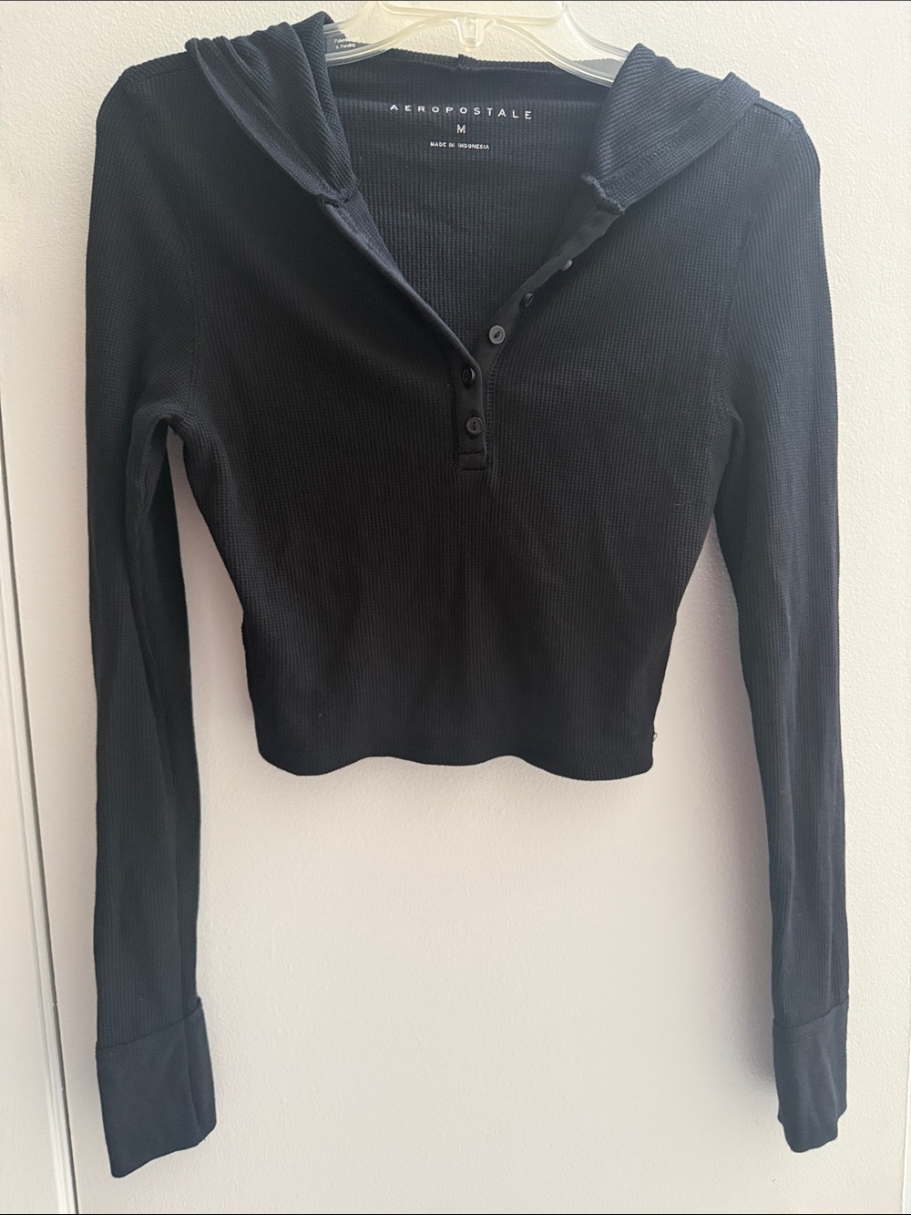 Aeropostale Black Ribbed Hooded Crop Henley Top